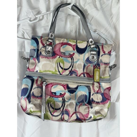 COACH Poppy Ikat 19876 Signature C Glam Tote Shoulder Bag in Silver & Multicolor - Picture 1 of 16